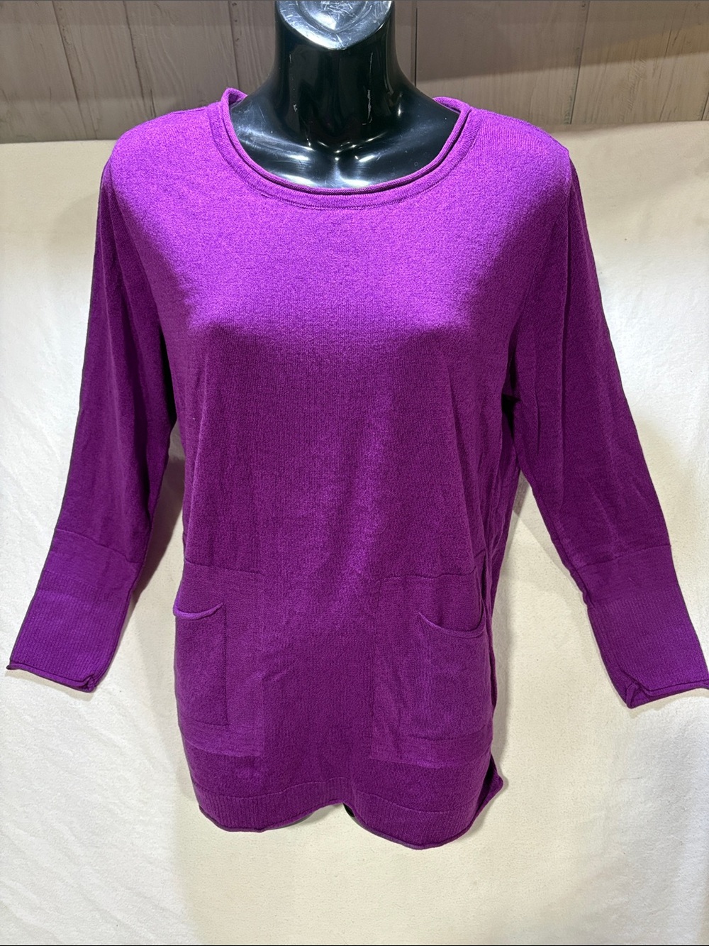 Parkhurst Plum Purple Knit Short Sleeve Crew Neck Pocket Tunic Sweater Size M